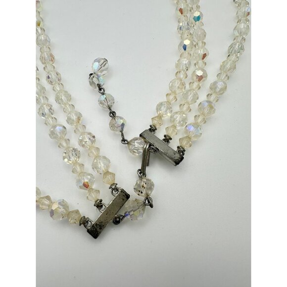 1950s vintage triple 3 strand faceted aurora borealis glass beaded necklace - Picture 9 of 10
